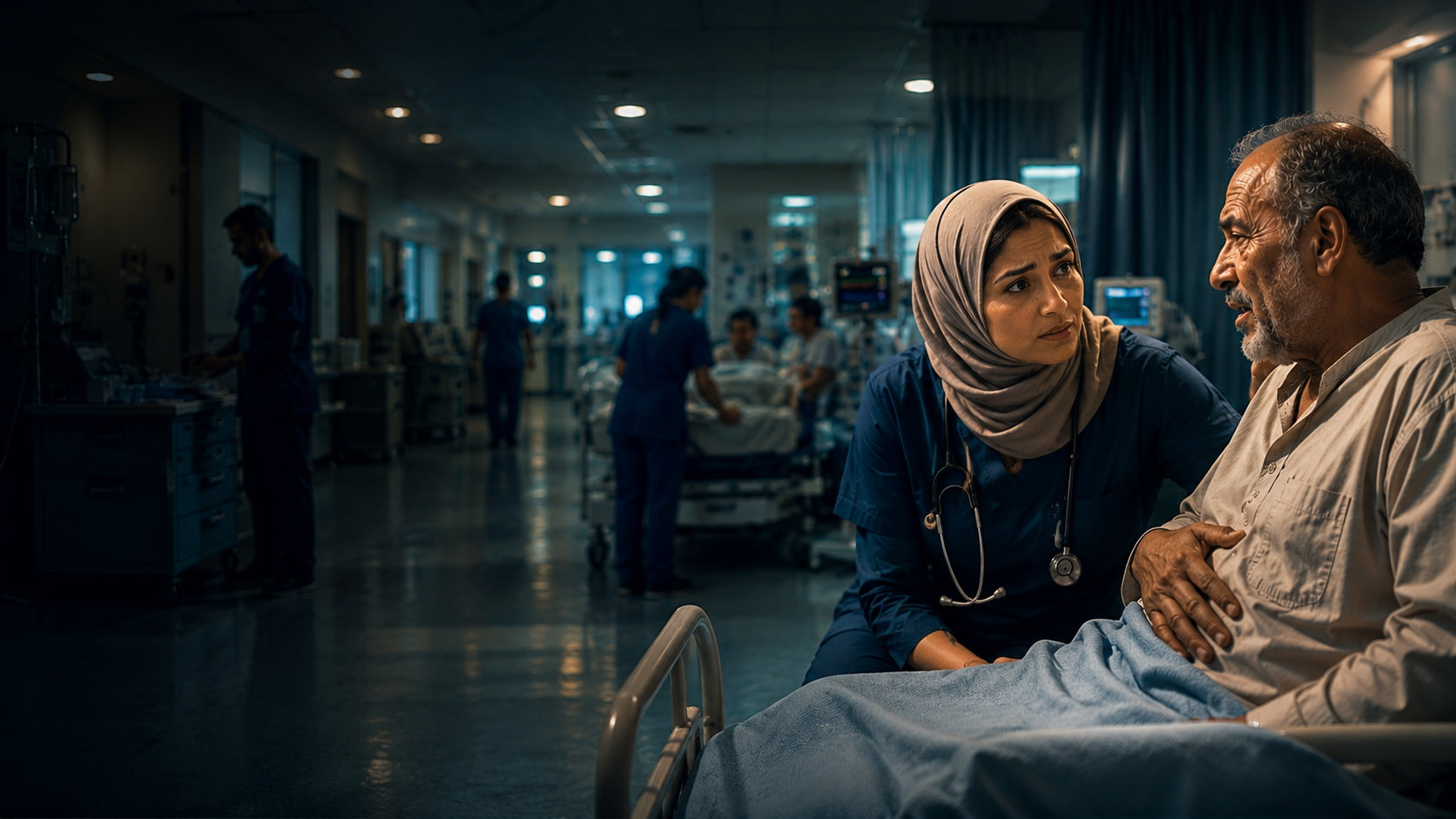 A doctor in scrubs taking a clinical history from an elderly patient in a hospital ward